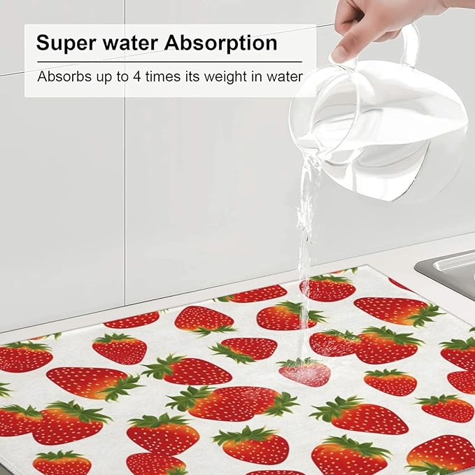 Cute Strawberry Dish Drying Mat For Kitchen Counter Super Absorbent Microfiber Dish Drying Pad Kitchen Gadgets For Easy Clean Multi-Use Large 18x24