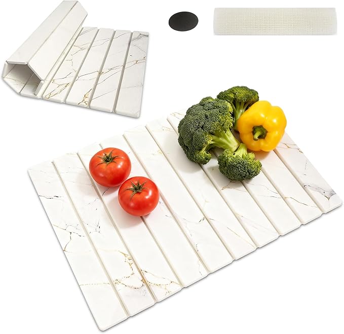 Stone Drying Mat for Kitchen Counter 24x16 Inch Foldable Diatomaceous Earth Stone Sink Fast Absorbing Dish Drying Mats for Dishes Bottles Cups Match any Countertop (White 24x16 Inch)