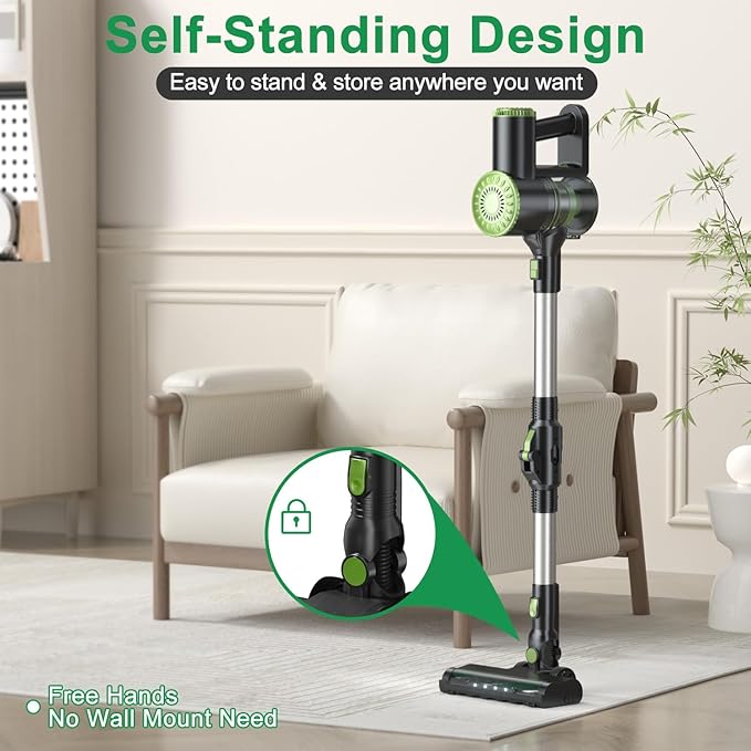 Cordless Vacuum Cleaner Lightweight Stick Vacuum Cleaner 6 in 1 Self-Standing with Powerful Suction 180° Bendable Wand Rechargeable Cordless Vacuum for Hardwood Floor (Green)