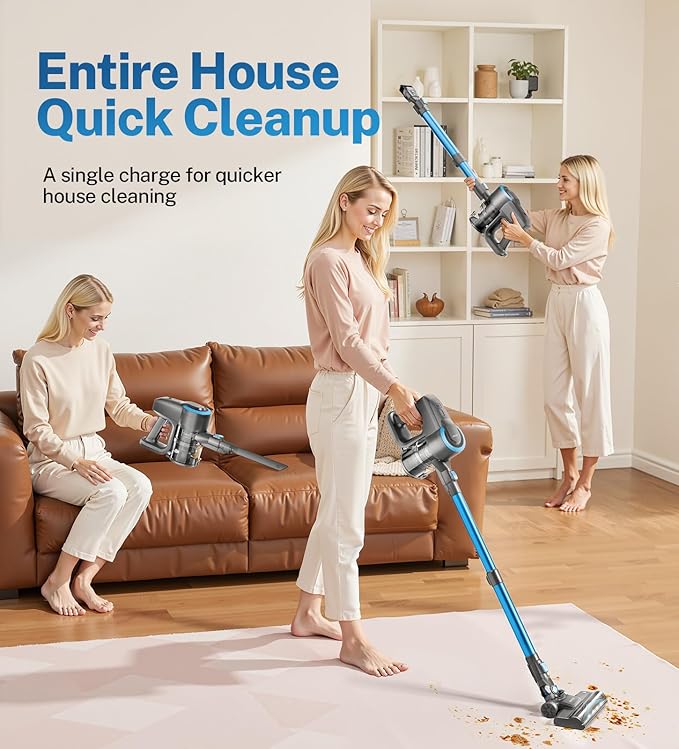 DEVOAC N300 Cordless Vacuum Cleaner 6 in 1 Lightweight Stick Vacuum 2200mAh Battery Up to 40mins Runtime Powerful Handheld Vacuum for Hard Floor Rug Pet Hair Home Dorm (Blue)