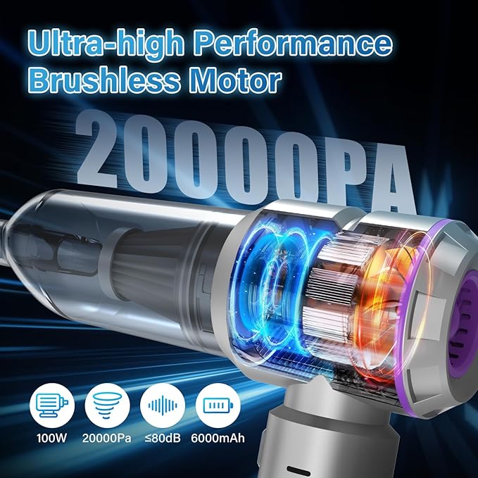 Car Vacuum Portable Cordless 20000pa High Power 4-in-1 Handheld Vacuum Cordless Rechargeable Portable Vacuum with 3 Reusable Filter Small Vacuums for Car Home Office &amp Pet(Silver Purple)