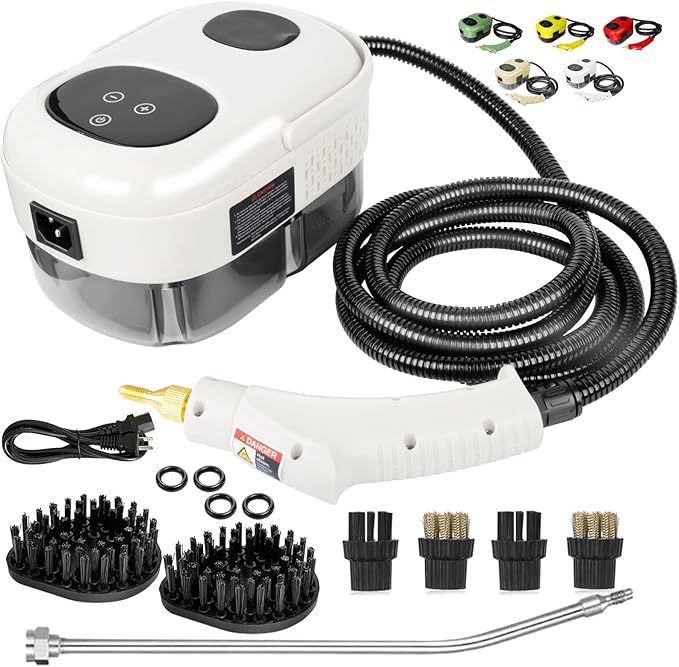2500W Handheld Steam CleanerSteamer for Cleaning15SFast Heating High Pressure Portable Steam Cleaner w/5 Brushes and Extended Rod (White)