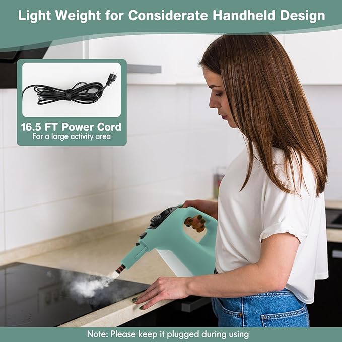 Handheld Steam Cleaner 1400W Pressurized Steamer with 17 Pieces Accessory Set &amp Child Lock Multipurpose Portable Steam Mop for Home Use Floors Windows Cars Sofas (Green)