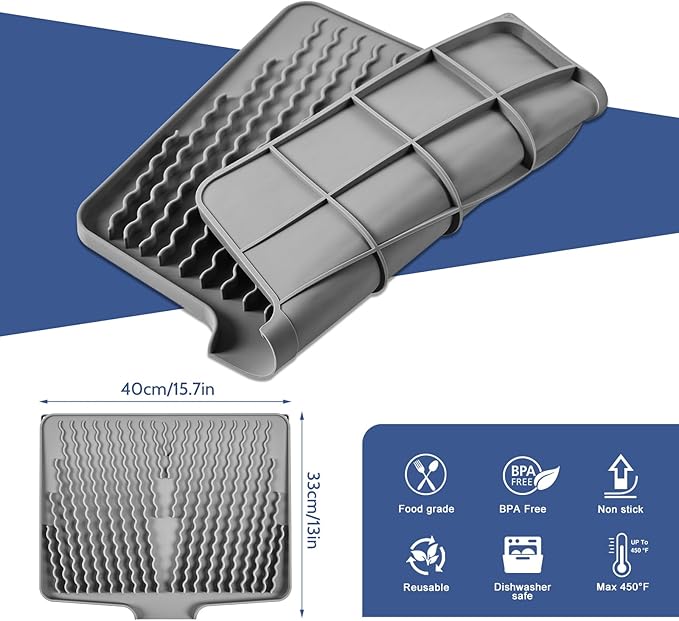 Silicone Dish Drying Mat for Kitchen Counter Heat-resistant Dish Dryer Mat with Built-in Drain Lip Drain Pad Protects Surfaces Prevents Water Build UP
