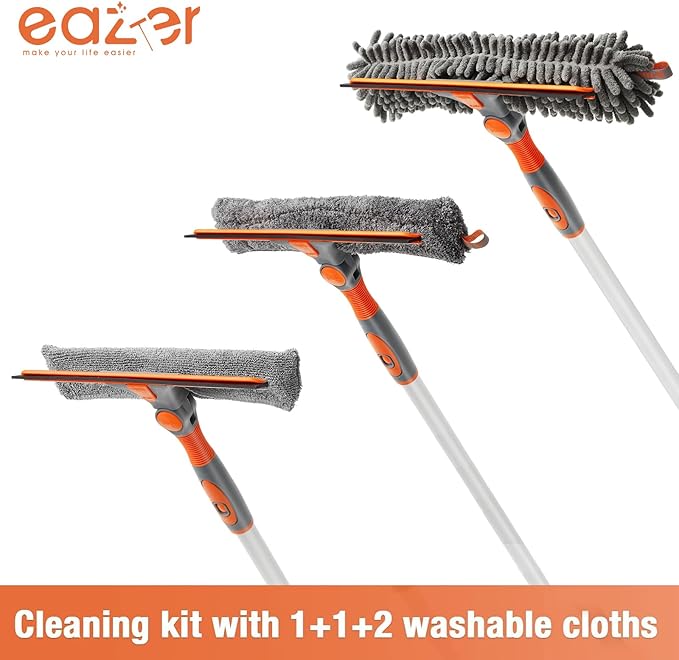 Eazer Squeegee Window Cleaner Tool 2 in 1 Rotatable Window Cleaning Squeegee Kit with Extension Pole 62'' Window Washing Kit Bendable Head for Car Glass - 2 Scraper