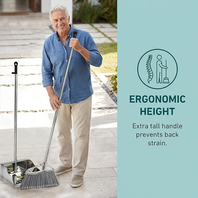 Metal Dustpan and Heavy Duty Broom Set Stand Up Dustpan with Outdoor Stiff Bristles Broom for Hardwood Patio Room Office Floor Sweeping