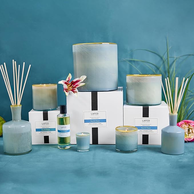 LAFCO New York Signature Reed Diffuser Sea &amp Dune - 15 oz - Up to 9 Months Fragrance Life - Reusable Hand Blown Glass Vessel - Natural Wood Reeds - Made in The USA