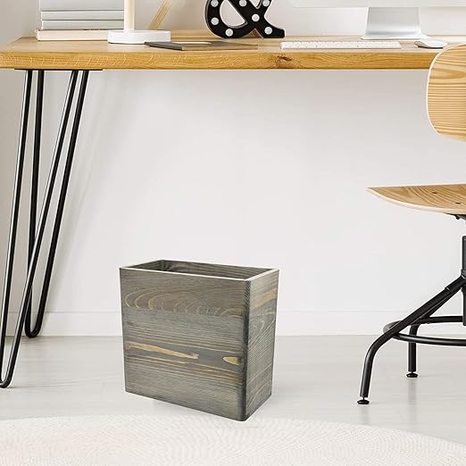 Owlgift Rustic Gray Wooden Trash Can Rectangular Wastebasket Bin for Home Office Kitchen Bathroom – Farmhouse Style Wood Garbage Bin 9.8” x 5.3” x 9.3”