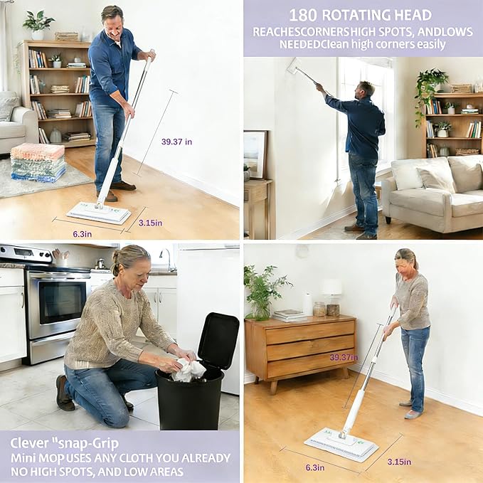 Lock Grip Compact Mop Zero Touch Lazy Mop with Clip-On Lock &amp 3-Second Cloth Change for Wet and Dry Cleaning on Floors Tiles Walls Windows Corners Baseboards Ceiling Edges &amp Tight Space