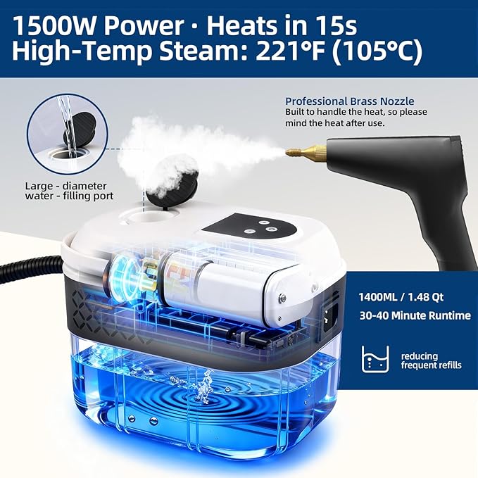 Steam Cleaner Portable Steamer for Cleaning with 15pcs Accessories 6-Level Adjustable Handle15s Heat-Up 1500W Pressurized Handheld Steam Cleaner for HomeKitchen Bathroom CarTileGrout