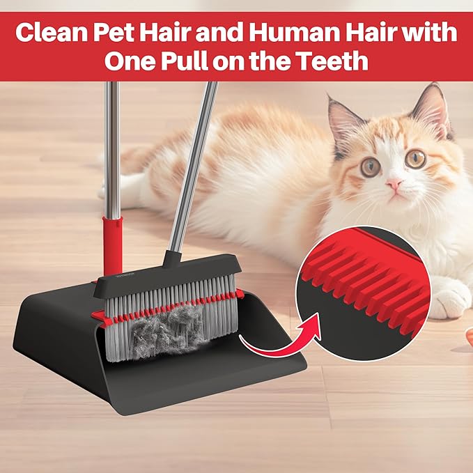 JOYMOOP Black and Red Broom and Dustpan Set Upright Angle Design with Built-in Comb Teeth for Home Office Hard Floors
