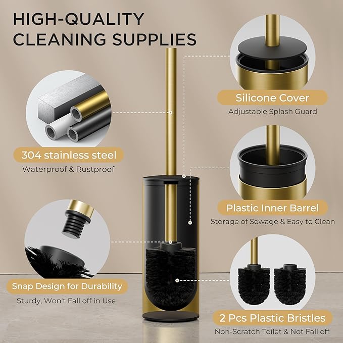 FORIOUS Toilet Brush and Holder Set 304 Stainless Steel Long Handle and Heavy Duty Base for Bathroom Deep Cleaning Drip-Proof Space Saving for Storage 2 Toilet Bowl Brush Head Dark Gold