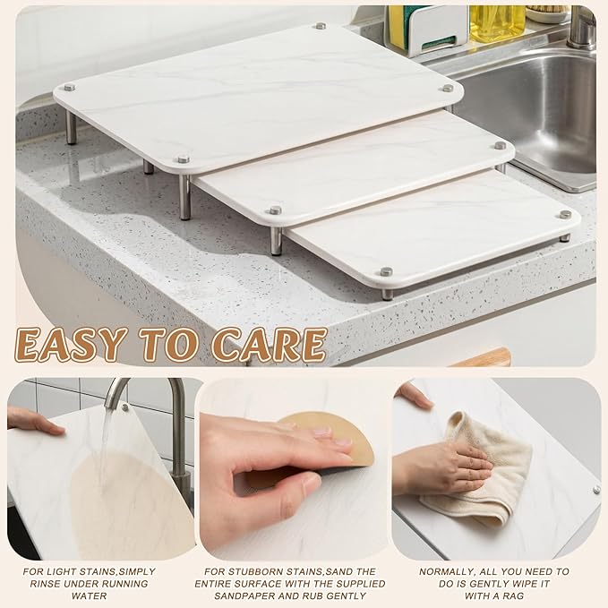 3 Pcs Nesting Stone Drying Mat for Kitchen Counter Diatomaceous Dish Stone Drying Mats Quick for Kitchen Counter Non Slip Feet Heat Resistant Nesting Stackable Design(MarbleWhite)