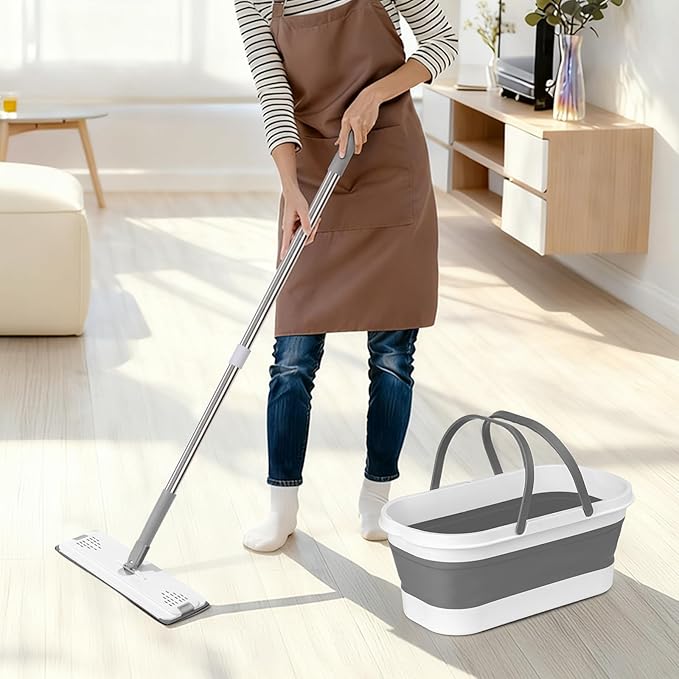 Flat Mop and Bucket Set with Floor Squeegee Heavy Duty Scrub Brush 2 Washable Reusable Microfiber Pads for Tile Hardwood Wall Cleaning Home Indoor or Outdoor Cleaning (White-Gray)