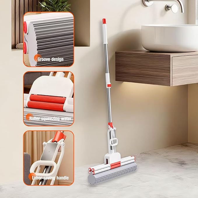 Household Telescopic Rod PVA Roller Mop One-Click Replacement 14.96Inch Sponge Head (Includes an Extra PVA Mop Head) Suitable for Tiles Floors Bathrooms and Home Use