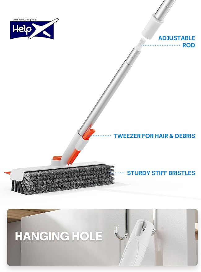 Floor Scrub Brush with Long Handle 3 in 1 Scrape and Heavy-Duty Stiff Bristle Floor Scrubber Brush with Squeegee and Tweezer for Cleaning Tile Wall Deck (Orange and White)