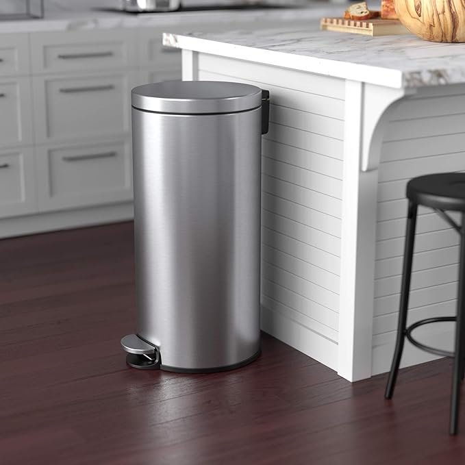 iTouchless SoftStep 8 Gallon Kitchen Step Trash Can with Odor Filter &amp Removable Inner Bucket Stainless Steel 30 Liter Round Pedal Garbage Bin for Bedroom Bathroom Home Office Cubicle Busine