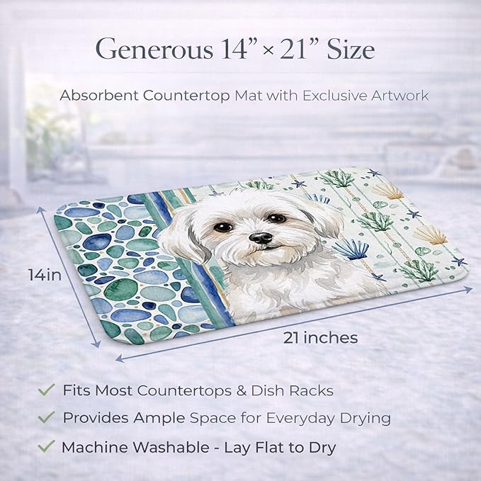 Caroline's Treasures Maltese Coastal Sea Glass Dish Drying Mat Absorbent Dish Drying Mat Pad for Kitchen Counter Dish Drainer Mat for Countertop 14 x 21 Multicolor