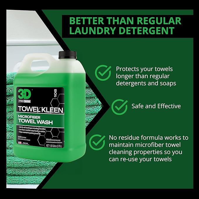 3D Towel Kleen Concentrated Microfiber Detergent - Deep Cleans Restores &amp Maintains Car Wash Towel Life - Low Foam No Residue Premium Laundry Soap 1 Gallon