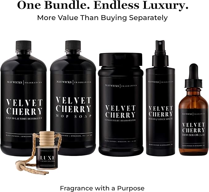 Fragrances - Lovers Bundle – 6-Piece Set | Velvet Cherry | Laundry Detergent 32oz Mop Soap 32oz Linen &amp Room Spray 8oz Diffuser Oil 2oz Upholstery Deodorizer 16oz &amp Car Diffuser