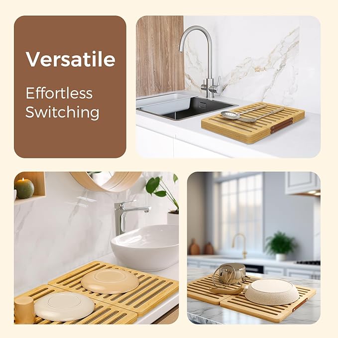 Wealone Stone Dish Drying Mat for Kitchen Counter Fast Drying Diatomaceous Earth Stone Mat Bamboo Foldable Case Design Pad Dish Rack Water Absorbing Instant Dry Sink Rack for Dishes Cups and More