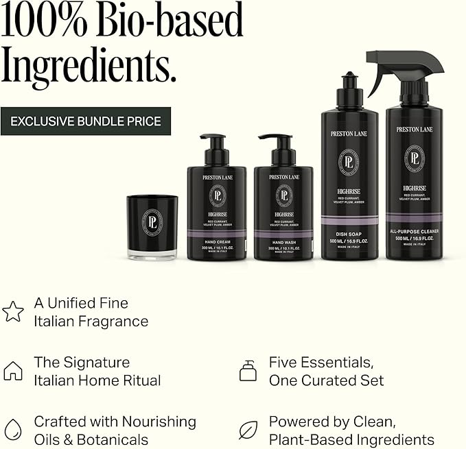 Preston Lane Signature Home Set – All Purpose Cleaner Dish Soap Hand Wash Hand Cream &amp Scented Candle | Plant-Powered Cleaning &amp Care Essentials with Fine Italian Fragrance Highrise