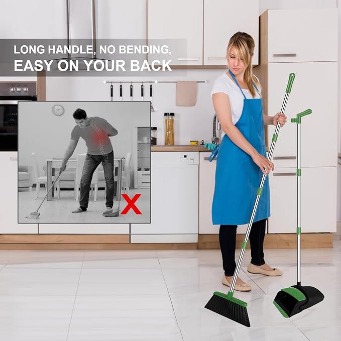 Green Broom with Dustpan Combo Set 51 Long Handle Household Cleaning Tool Ideal Broom and Dustpan Set for Pet Hair and Home Use