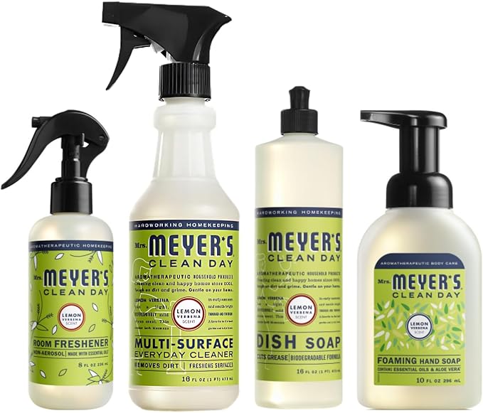 Mrs. MEYER'S CLEAN DAY Lemon Verbena Scent Foaming Hand Soap 10 Fl Oz Multi-Surface Cleaner 16 Fl Oz Room Freshener 8 Fl Oz Dish Soap 16 Fl Oz (Variety Pack)