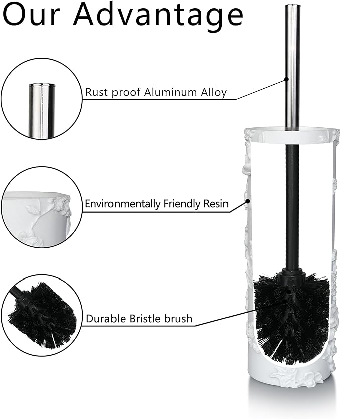 White Floral Branches Design Resin Toilet Bowl Brush and Holder Set Elegant Bathroom Cleaning Tool with Durable Bristles Compact and Functional