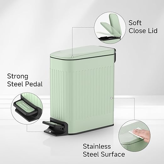 TIPGO Slim Bathroom Trash Can with Lid Soft Close Step Pedal 6 Liter / 1.6 Gallon Stainless Steel Trash Bin Small Garbage Cans for Bedroom Office Kitchen (Green)