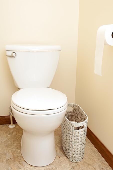 Wicker Trash CanBathroom Trash CanWaterproof Wicker Waste Basket for BathroomNarrow Small Waste Basket for BedroomOffice Cream White 5 Gallon