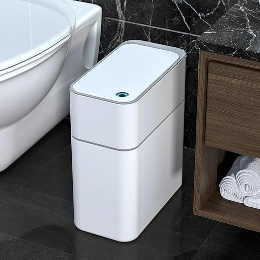MOPALL Small Bathroom Trash Cans with LidsMotion Sensor Bathroom Trash CanNarrow Waterproof Plastic 3.5 Gallon Automatic Adsorption Touchless Garbage CanWhite
