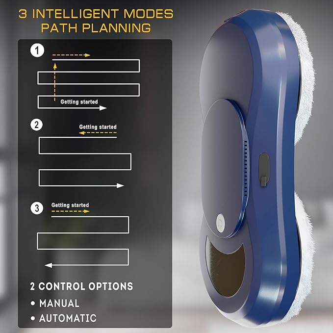 Dark Blue Automatic Window Cleaner Robot W250 11.6 x 5.7 x 2.7 Inch with 30 ml Automatic Water Spray and 10 Cloth Pads. Window Vacuum Cleaner for Windows. Automatic Glass Cleaner Vacuum