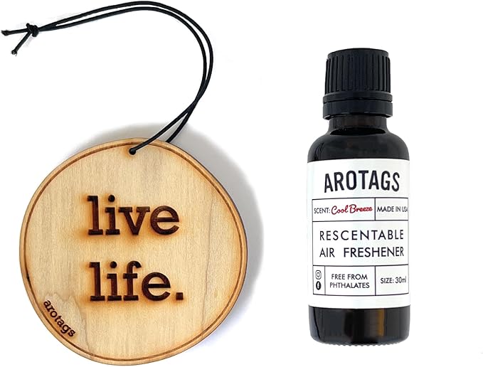 Arotags Wooden Car Air Freshener - Long Lasting Backwoods Birch Scent Diffuses for 365+ Days - Includes Live Life Hanging Mirror Diffuser and Fragrance Oil - 100% American Made