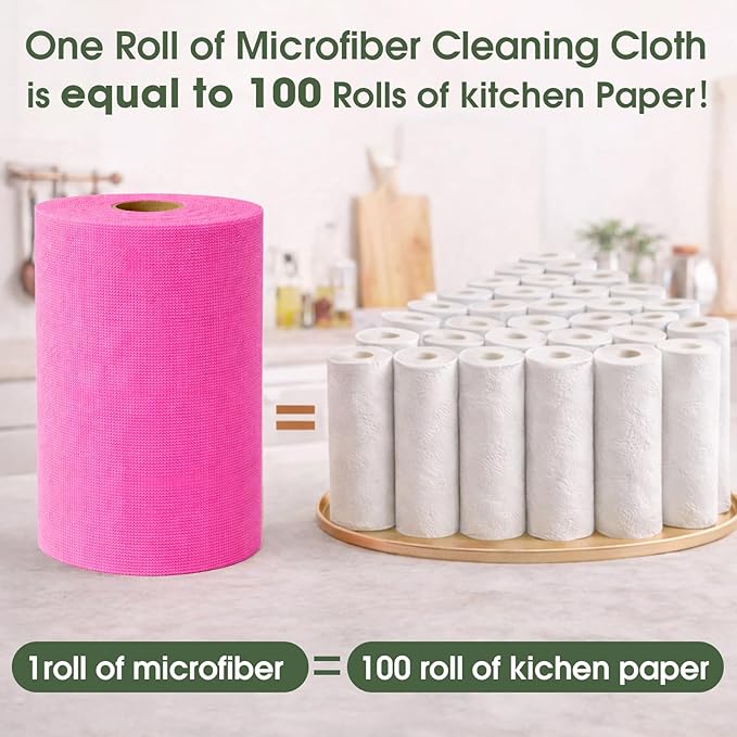 Microfiber Cleaning Cloth Roll - 100 Pack Tear Away Microfiber Paper Towels Reusable Washable Scratch-Free Kitchen Towels for Car Home Kitchen Glass Dishes (Hot Pink)