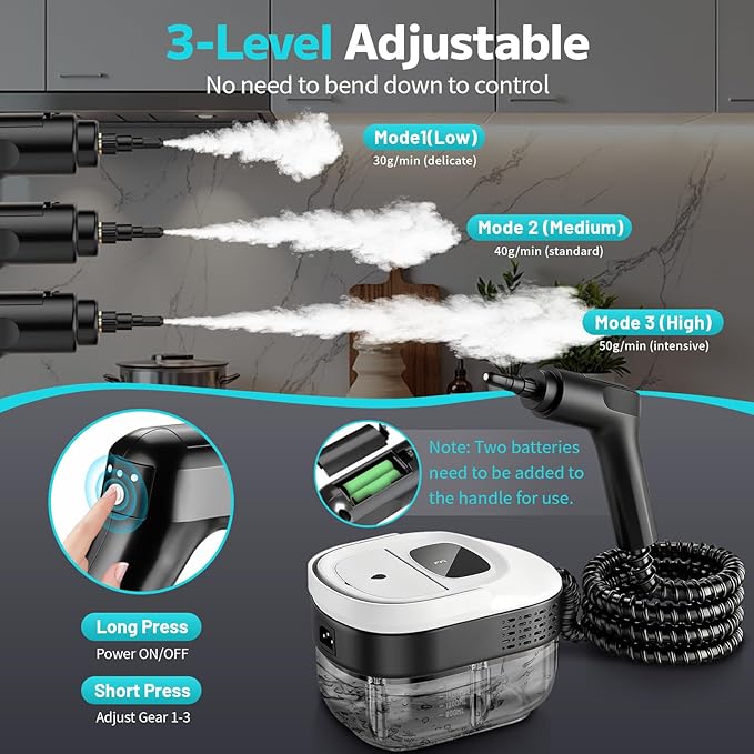 Pressurized Steam Cleaner 54oz Large Tank Portable Steamer for Cleaning with 15-Piece Kit 15s Fast Heat-Up 3-Level Control Handheld Steam Cleaner for Home Car Kitchen Tile Grout(White)