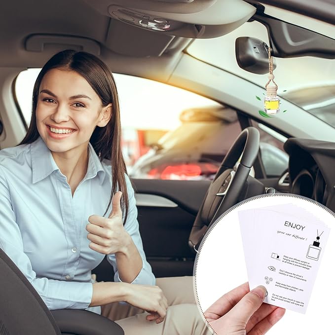 100 Sets Car Diffuser Bottles Empty Bulk Hanging Car Air Freshener Diffuser Bottles Glass Perfume Holder with Instruction Cards for Essential Oil Wedding Bridal Birthday Gifts (Cylindrical)