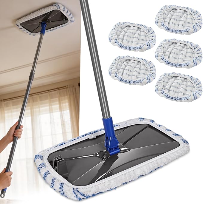 Masthome Extra Large Microfiber Mop for Floor Cleaning 16“ Flat Mop with 5 Pad for Wet &amp Dry Use Dust Mop for Hardwood Laminate Tile Ceramic 1 Cleaning Scraper Included-Blue