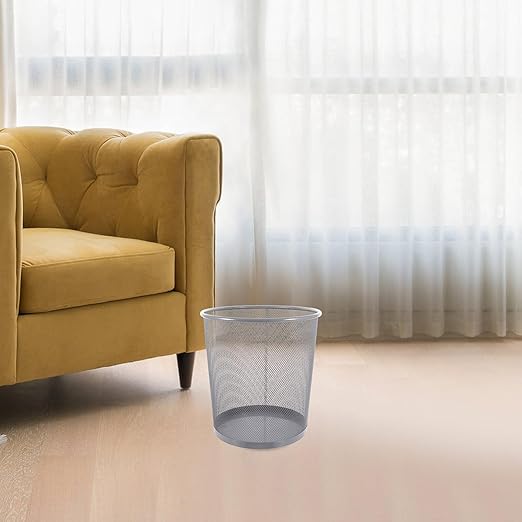 Mesh Metal Wastebasket for Office and Home Rust-Resistant Iron Trash Can with Simple Design Medium Silver Round Garbage Bin for Bathroom Bedroom Dorm Living