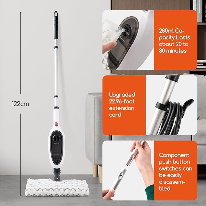 Steam Mop with Attachments/Pad 2PCSUnique Double-Sided Flip Design - 260°F/126°C High Temperature Deep Cleaning Floor Steamer for Kitchen Living Room Wood Floor Tile Cleaning