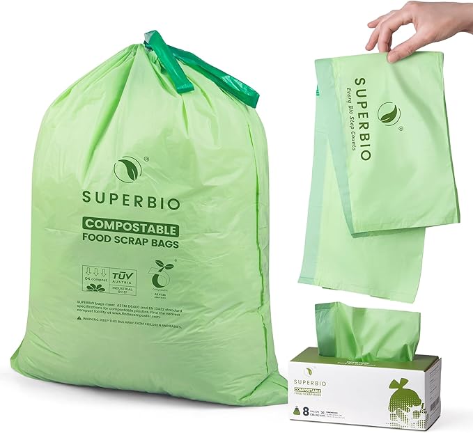 SUPERBIO 8 Gallon Compostable Drawstring Kitchen Waste Bags30.3 Liter 30 Count 1 MilHeavy Duty Food Waste Bags BPI Seedling and OK compost INDUSTRIAL