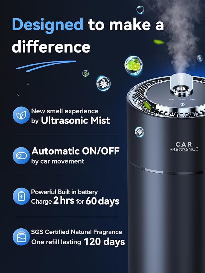 Ceeniu Smart Car Air Fresheners New Smell Experience By Ultrasonic mist Auto On/Off Natural Fragrance Lasts for 4 Months Adjustable Built-in Battery Car freshener