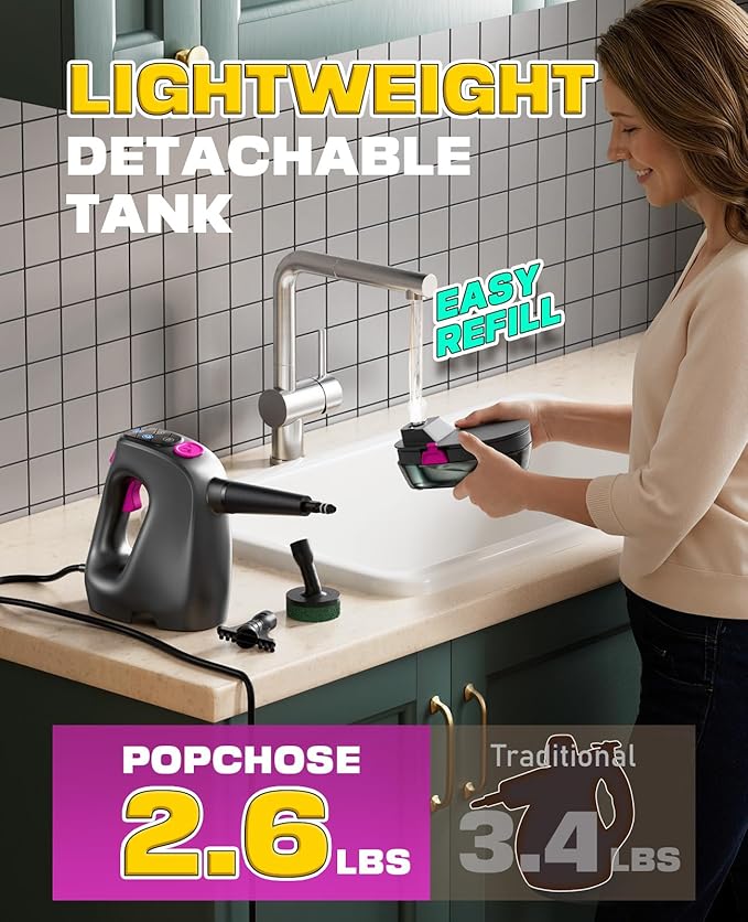 POPCHOSE Steam Cleaner with Detergent Dispenser15s Heat-Up Handheld Steam Cleaner for Home 500ml Removable Water Tank Lightweight Portable Steamer for Cleaning Grout Windows Kitchen Easy Refill