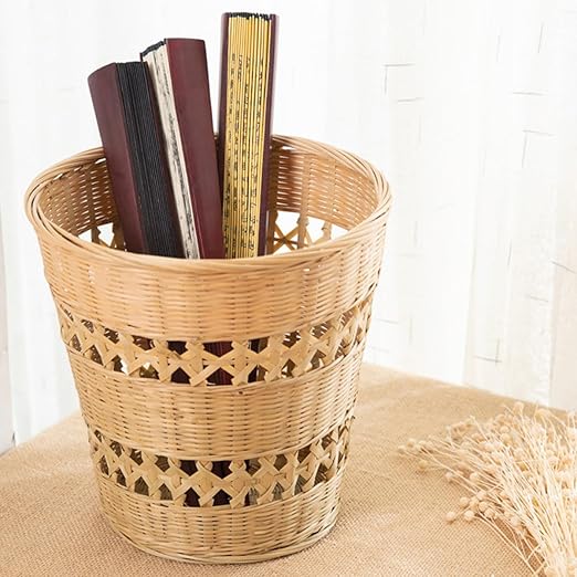 Lurrose Rustic Style Woven Trash Can Hand-Woven Wastebasket Home Rubbish Container for Bathroom Bedroom Living Room Storage