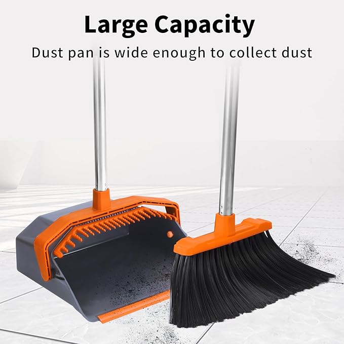 Broom and Dustpan Set with 51'' Long Handle Upright Broom and Dustpan Combo for Home Kitchen Office Restaurant Garage Lobby Dog Cat Pets Hair - Grey and Orange