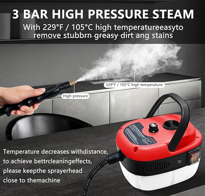 Handheld Steam Cleaner 2500W Pressurized Steam Cleaner with 3 Brush Heads Portable Steam Cleaner for Home Car Furniture Kitchen Bathroom and Wall Red