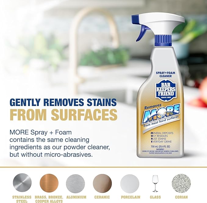 PURPUR Cloth &amp Bar Keepers Friend MORE Foam Spray (25.4) + Powder Cleanser (21 oz) Multipurpose Cleaner Stain &amp Rust Remover for Bathroom Kitchen &amp Outdoo Stainless Steel Aluminum Bra