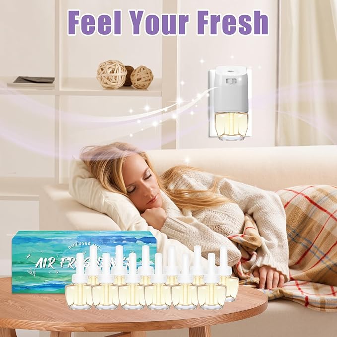 Plug In Air Fresheners for Home – 12 Pack Scented Refills with 1 Plug In Warmer – Linen Lavender Vanilla Long Lasting Fresh Air Freshener Odor Eliminator for Bathroom Room House