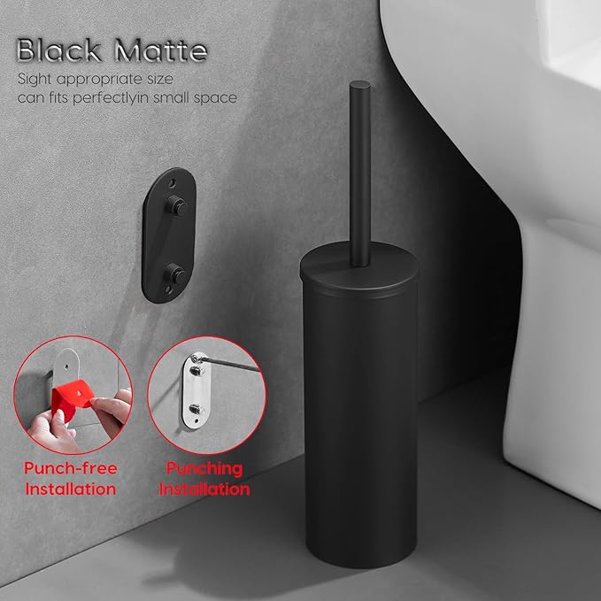 Toilet Bowl Brush and Holder 304 Stainless Steel No-Punch Hook Base Dual Purpose Toilet Brush Holder with Removable Inner Bucket and Splash Cover - Soft Bristles (Black)
