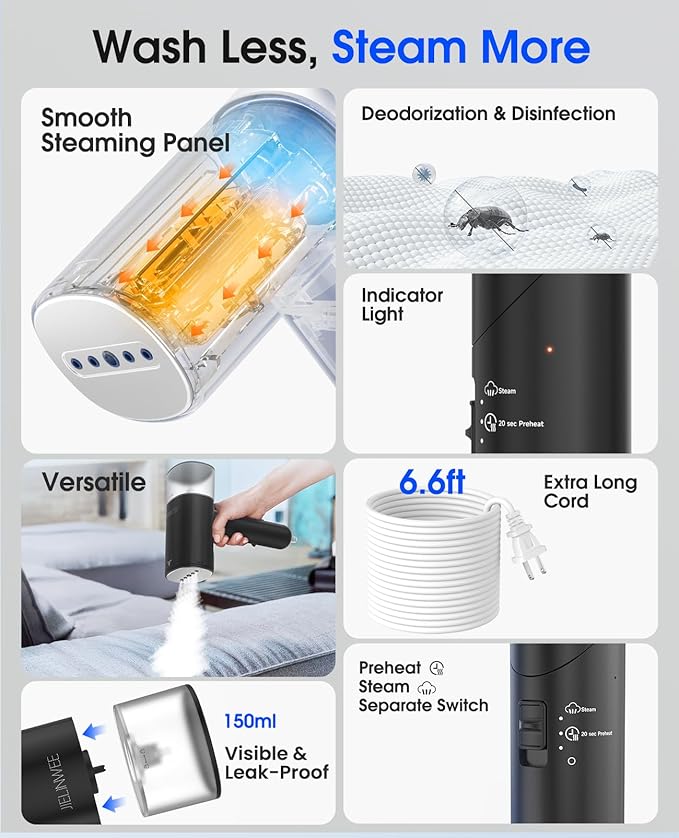Handheld Steamer for Clothes 1200W Foldable Travel Steamer 20 Sec Preheat Garments Wrinkle Remover 120V Portable Hand Iron with 150ml Water Tank Clothes Steamer for Home Travel-Black